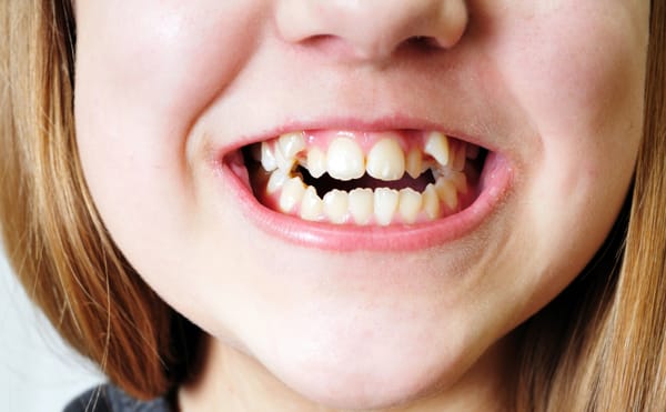 A child with crooked teeth smiling
